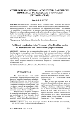 CONTRIBUIÇÃO ADICIONAL À TAXONOMIA DAS ESPÉCIES BRASILEIRAS DE Adenophaedra E Tetrorchidium (EUPHORBIACEAE). Additional