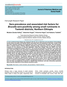 Sero-Prevalence and Associated Risk Factors for Brucella Sero-Positivity Among Small Ruminants in Tselemti Districts, Northern Ethiopia
