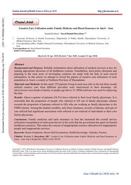 Curative Care Utilization Under Family Medicine and Rural Insurance in Amol – Iran