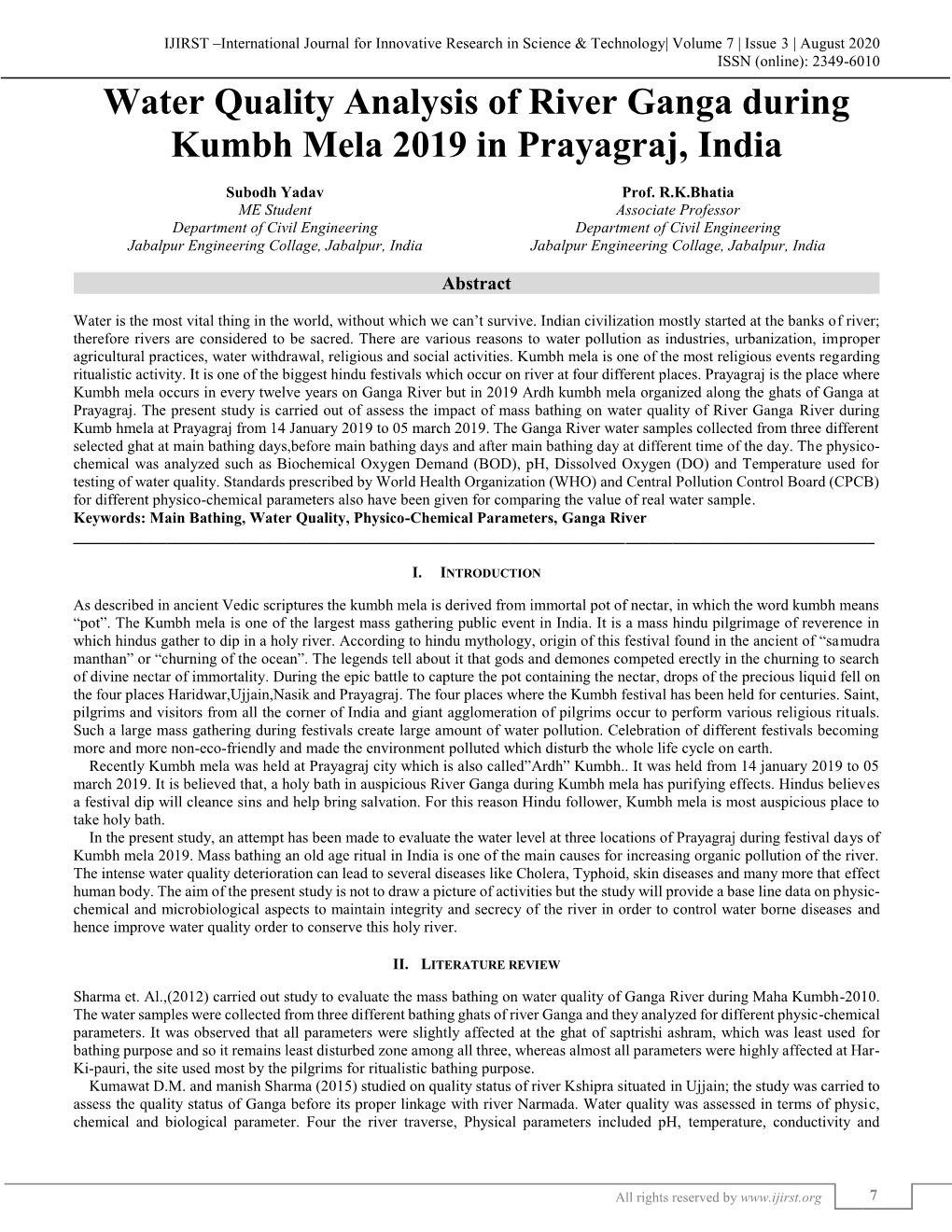 Water Quality Analysis of River Ganga During Kumbh Mela 2019 In