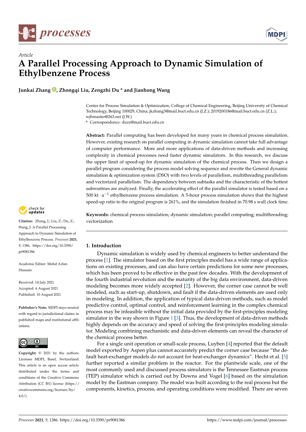 A Parallel Processing Approach to Dynamic Simulation of Ethylbenzene Process