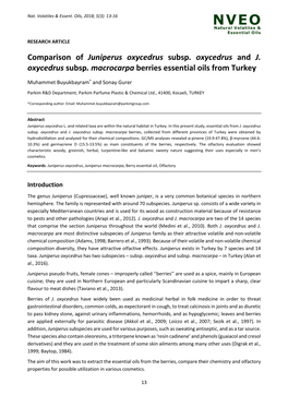 Comparison of Juniperus Oxycedrus Subsp. Oxycedrus and J. Oxycedrus Subsp