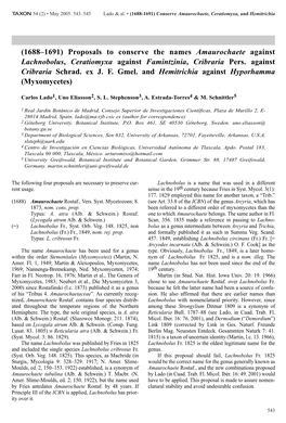 Proposals to Conserve the Names Amaurochaete Against Lachnobolus, Ceratiomyxa Against Famintzinia, Cribraria Pers