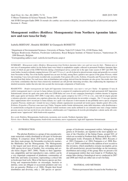 Monogonont Rotifers (Rotifera: Monogononta) from Northern Apennine Lakes: New and Rare Taxa for Italy
