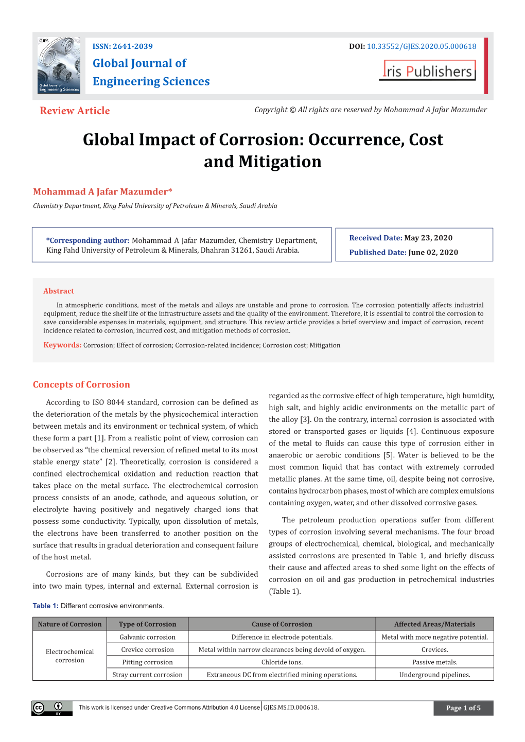 Global Impact of Corrosion: Occurrence, Cost and Mitigation