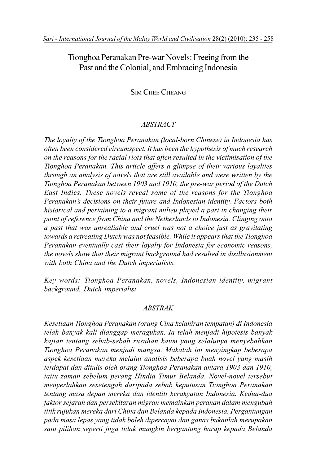 Tionghoa Peranakan Pre-War Novels: Freeing from the Past and the Colonial, and Embracing Indonesia