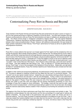Contextualizing Pussy Riot in Russia and Beyond Written by Jennifer Suchland