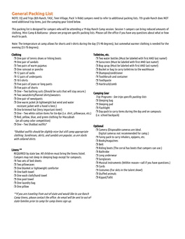 General Packing List NOTE: EQ and Trips (8Th Ranch, TASC, Teen Village, Pack ’N Ride) Campers Need to Refer to Additional Packing Lists