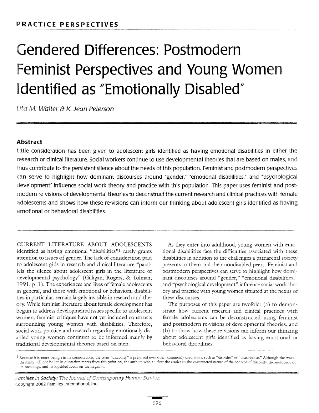 Gendered Differences: Postmodern Feminist Perspectives and Young Women Identified As 