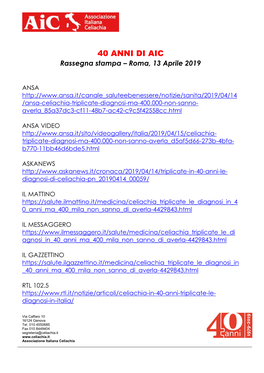 40 ANNI DI AIC Rassegna Stampa – Roma, 13 Aprile 2019