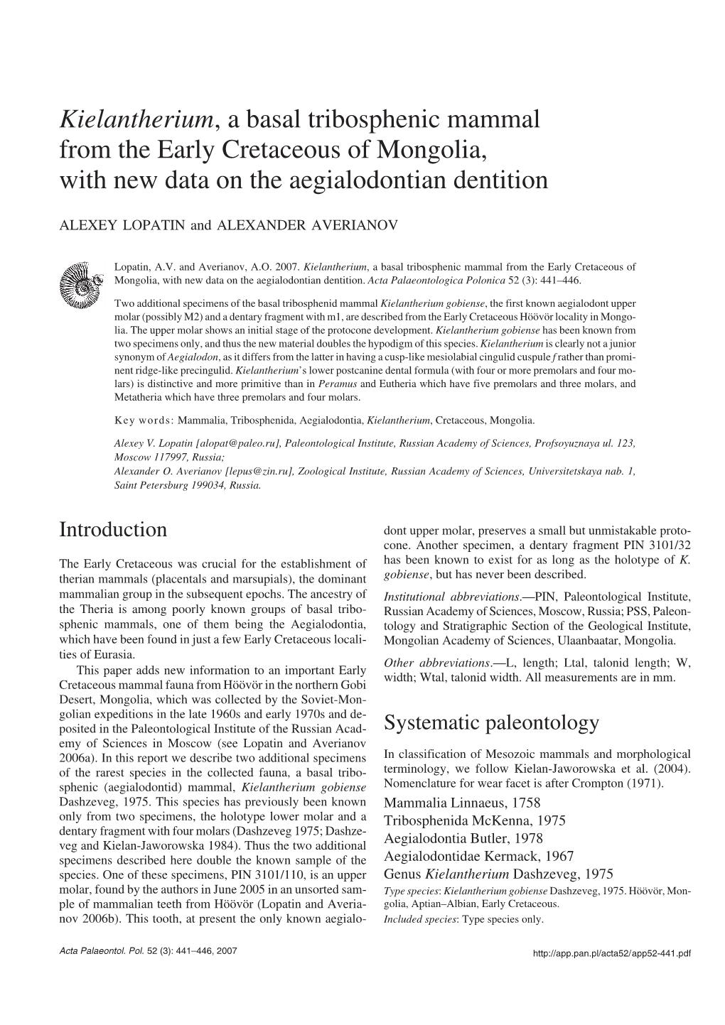 Kielantherium, a Basal Tribosphenic Mammal from the Early Cretaceous of Mongolia, with New Data on the Aegialodontian Dentition