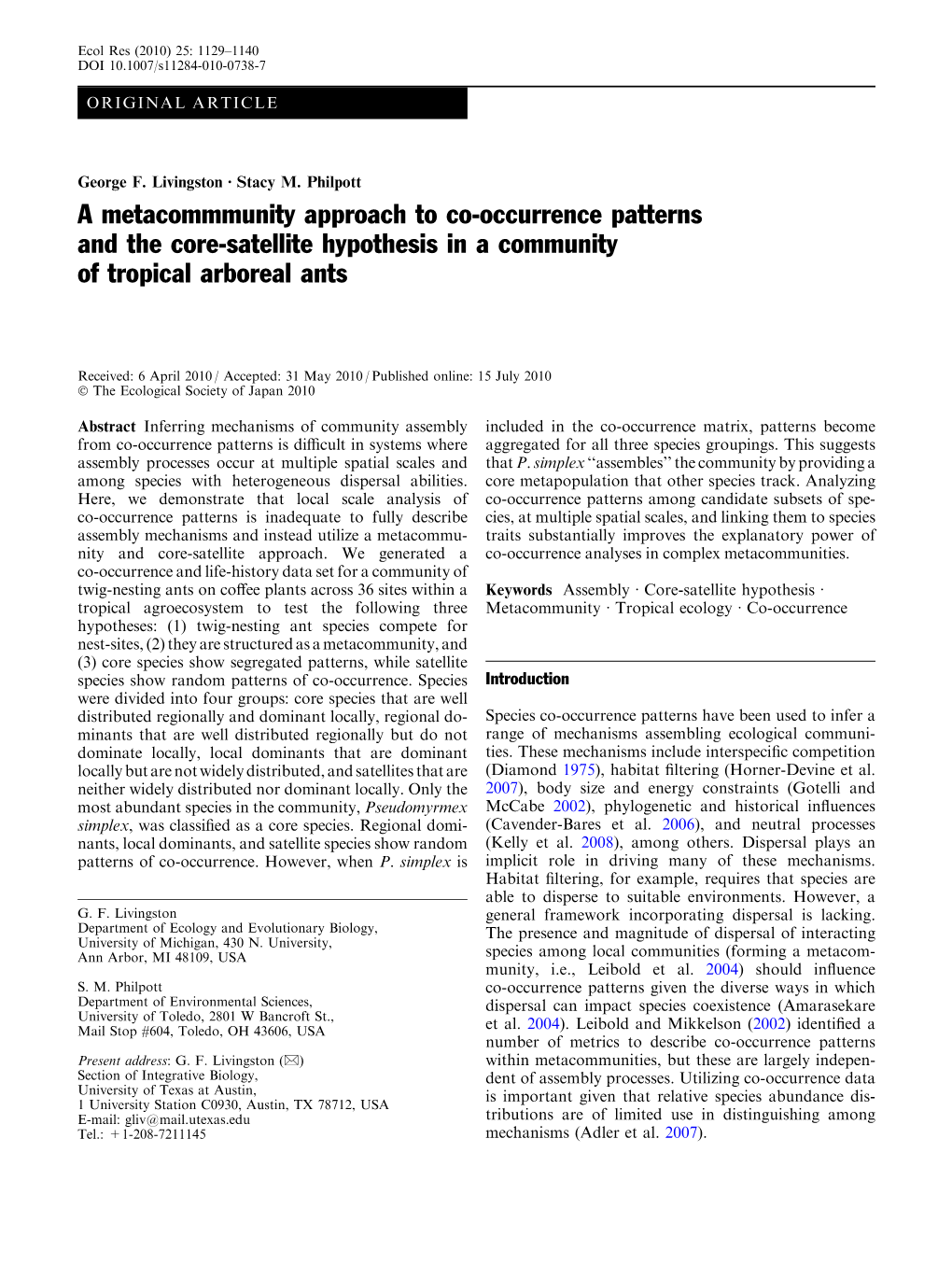 A Metacommmunity Approach to Co-Occurrence Patterns and the Core-Satellite Hypothesis in a Community of Tropical Arboreal Ants