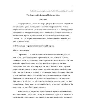 1 the Conversable, Responsible Corporation Philip Pettit This Paper