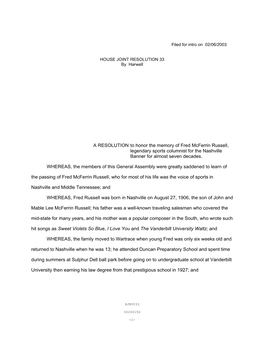 A RESOLUTION to Honor the Memory of Fred Mcferrin Russell, Legendary Sports Columnist for the Nashville Banner for Almost Seven Decades