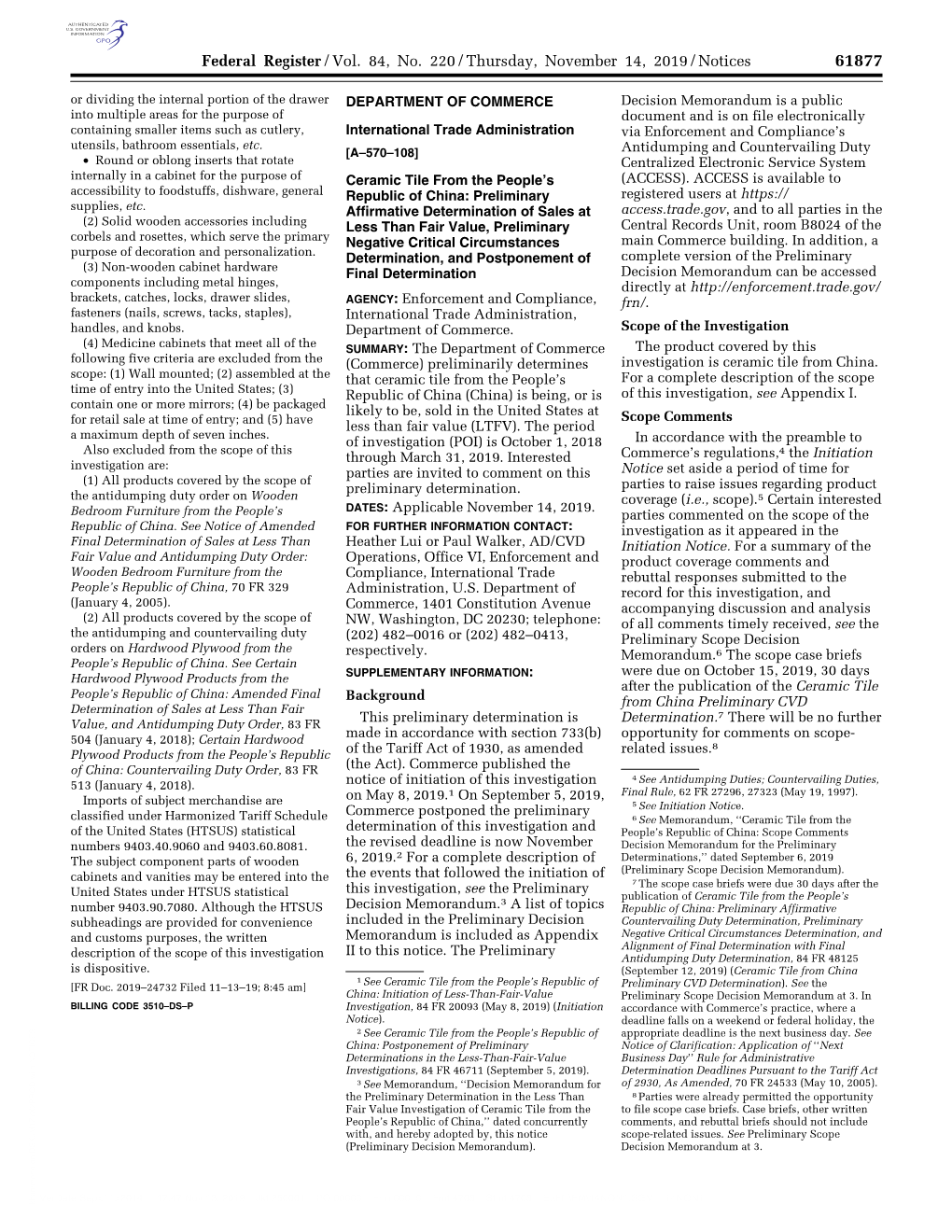 Federal Register/Vol. 84, No. 220/Thursday, November 14, 2019