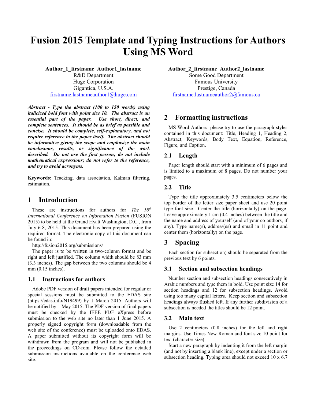 Typing Instructions for FUSION 2001 Documents