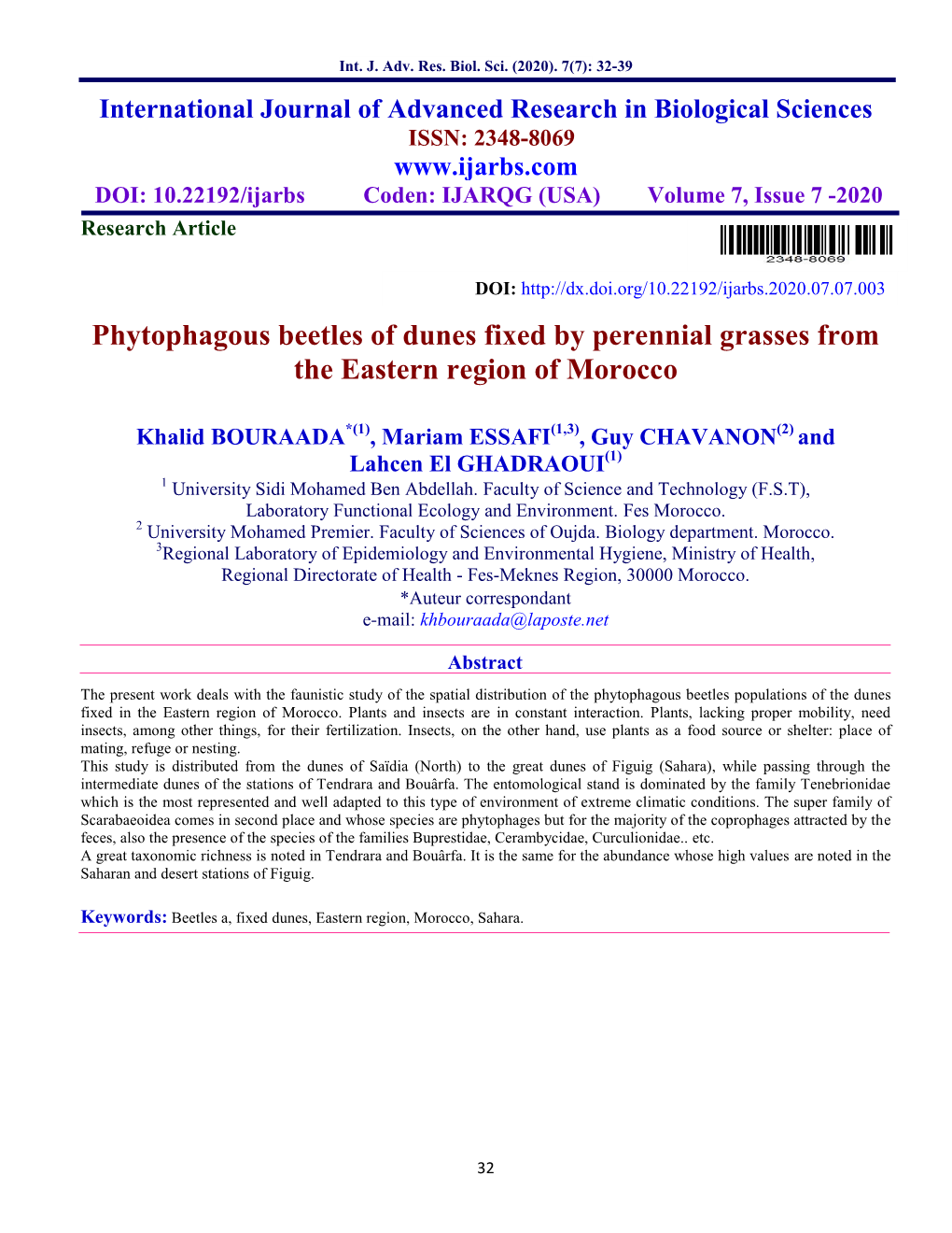 Phytophagous Beetles of Dunes Fixed by Perennial Grasses from the Eastern Region of Morocco