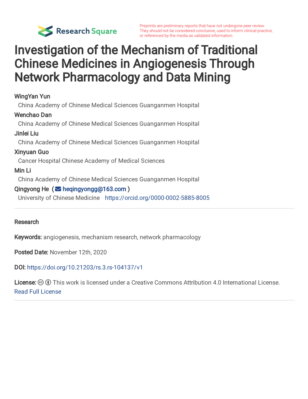 Investigation of the Mechanism of Traditional Chinese Medicines in Angiogenesis Through Network Pharmacology and Data Mining