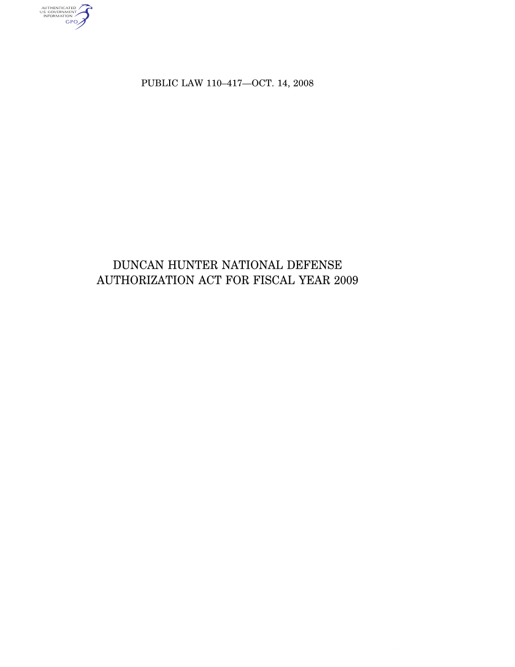 Duncan Hunter National Defense Authorization Act for Fiscal Year 2009