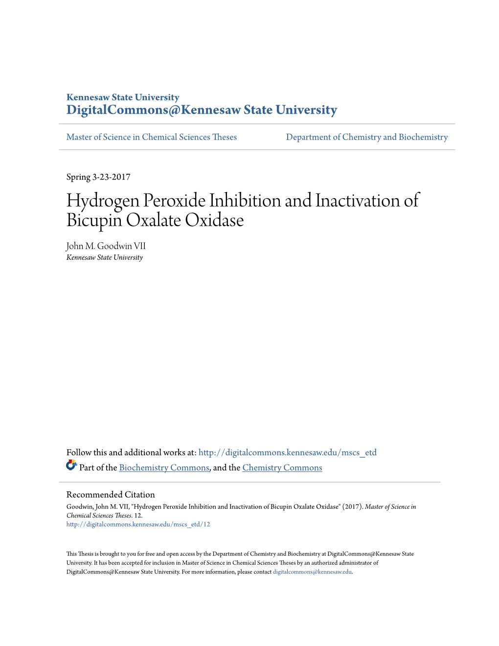 Hydrogen Peroxide Inhibition and Inactivation of Bicupin Oxalate Oxidase John M