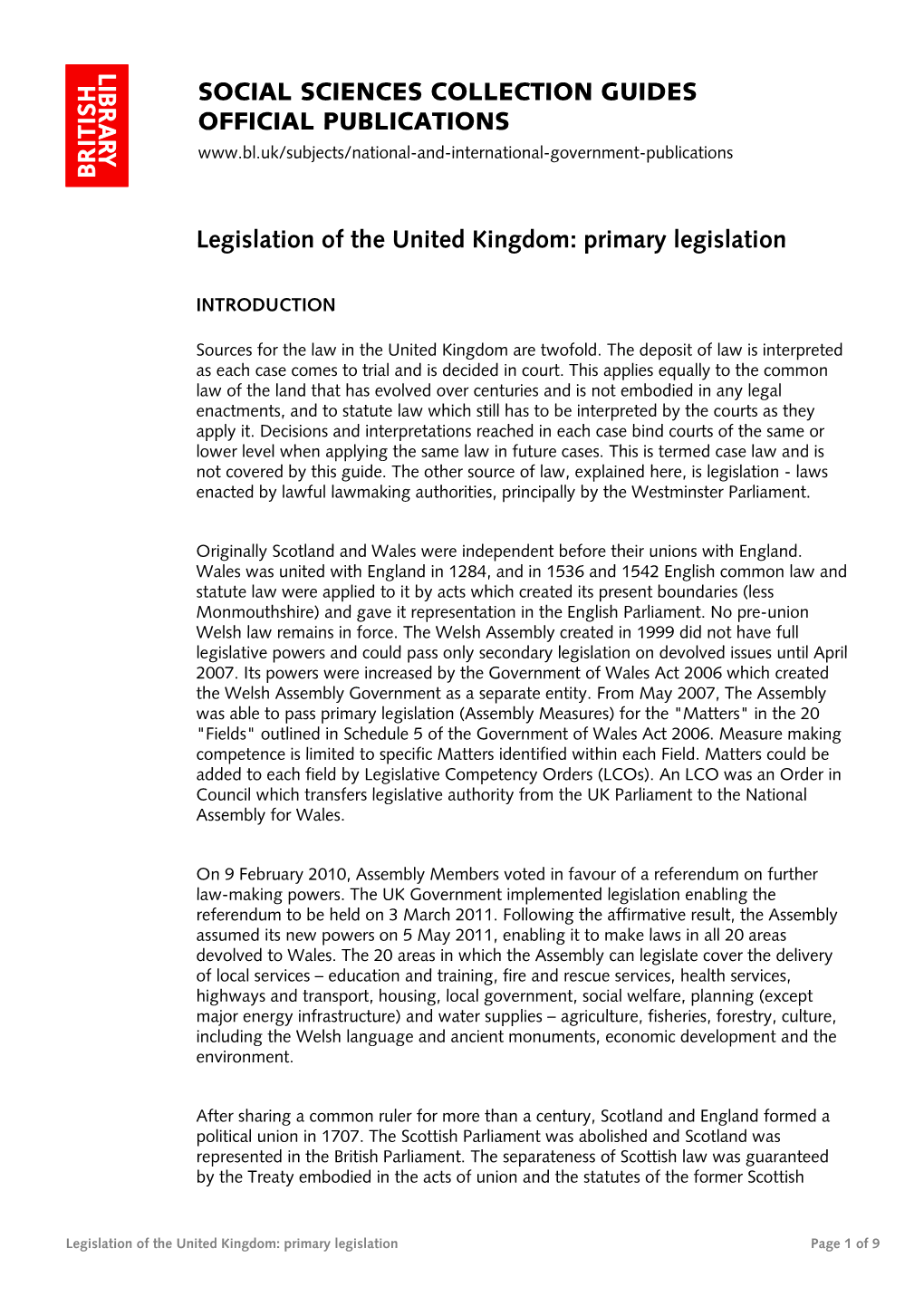 Legislation of the United Kingdom: Primary Legislation