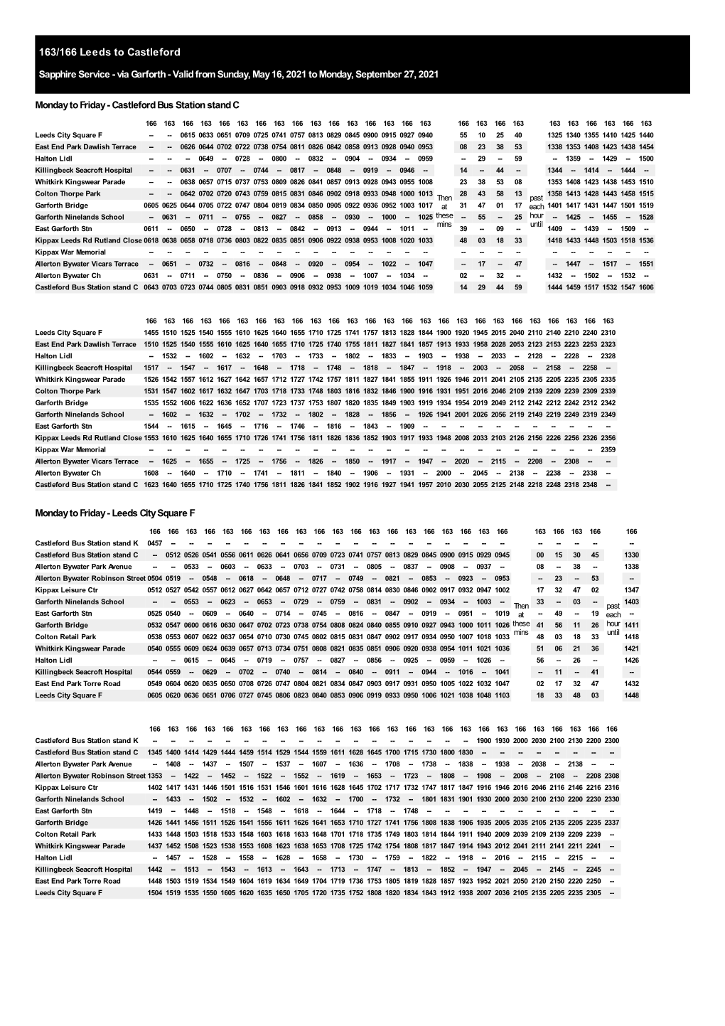 163/166 Leeds to Castleford Sapphire Service - Via Garforth - Valid from Sunday, May 16, 2021 to Monday, September 27, 2021