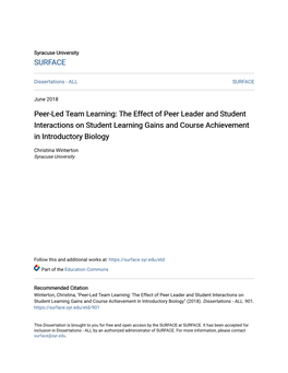 Peer-Led Team Learning: the Effect of Peer Leader and Student Interactions on Student Learning Gains and Course Achievement in Introductory Biology