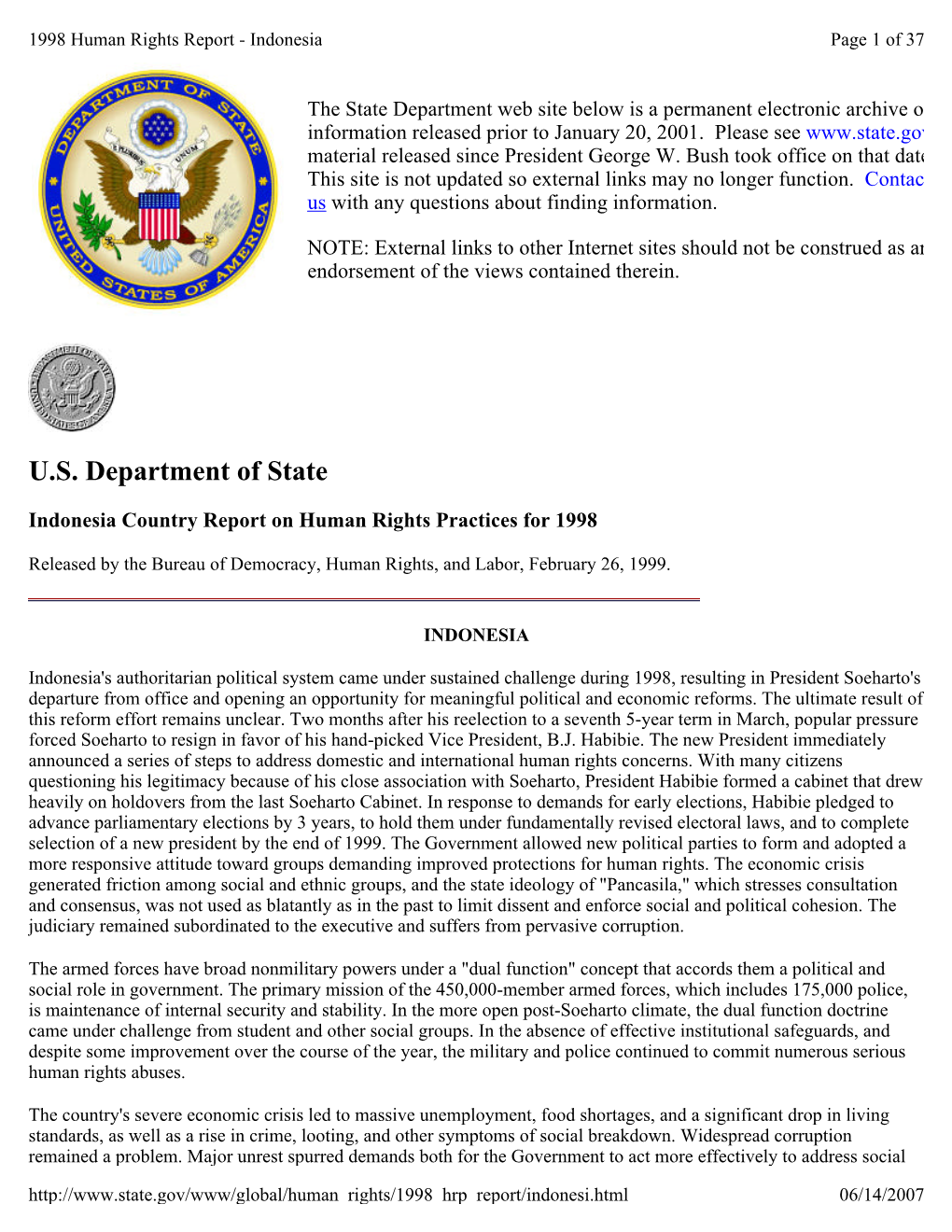 1998 Human Rights Report - Indonesia Page 1 of 37