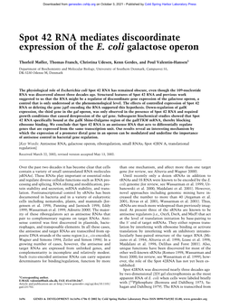 Spot 42 RNA Mediates Discoordinate Expression of the E. Coli Galactose Operon