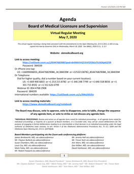 Agenda Board of Medical Licensure and Supervision Virtual Regular Meeting May 7, 2020