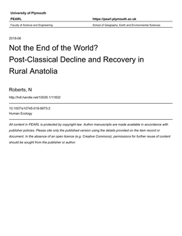 Post-Classical Decline and Recovery in Rural Anatolia *Neil Roberts