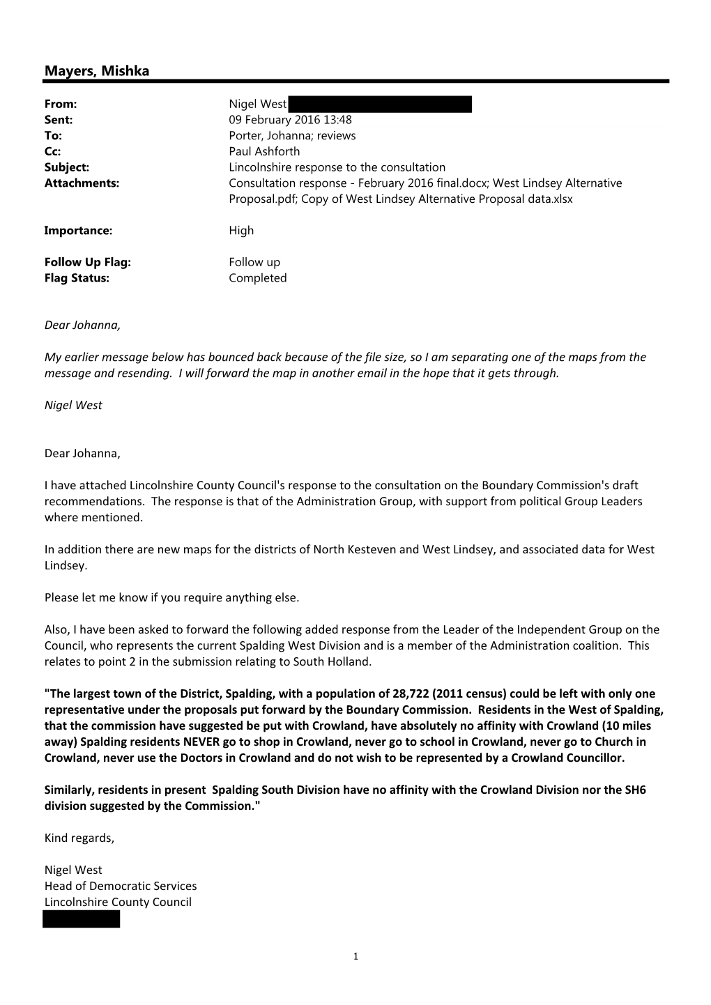 Lincolnshire County Council's Response to the Consultation on the Boundary Commission's Draft Recommendations