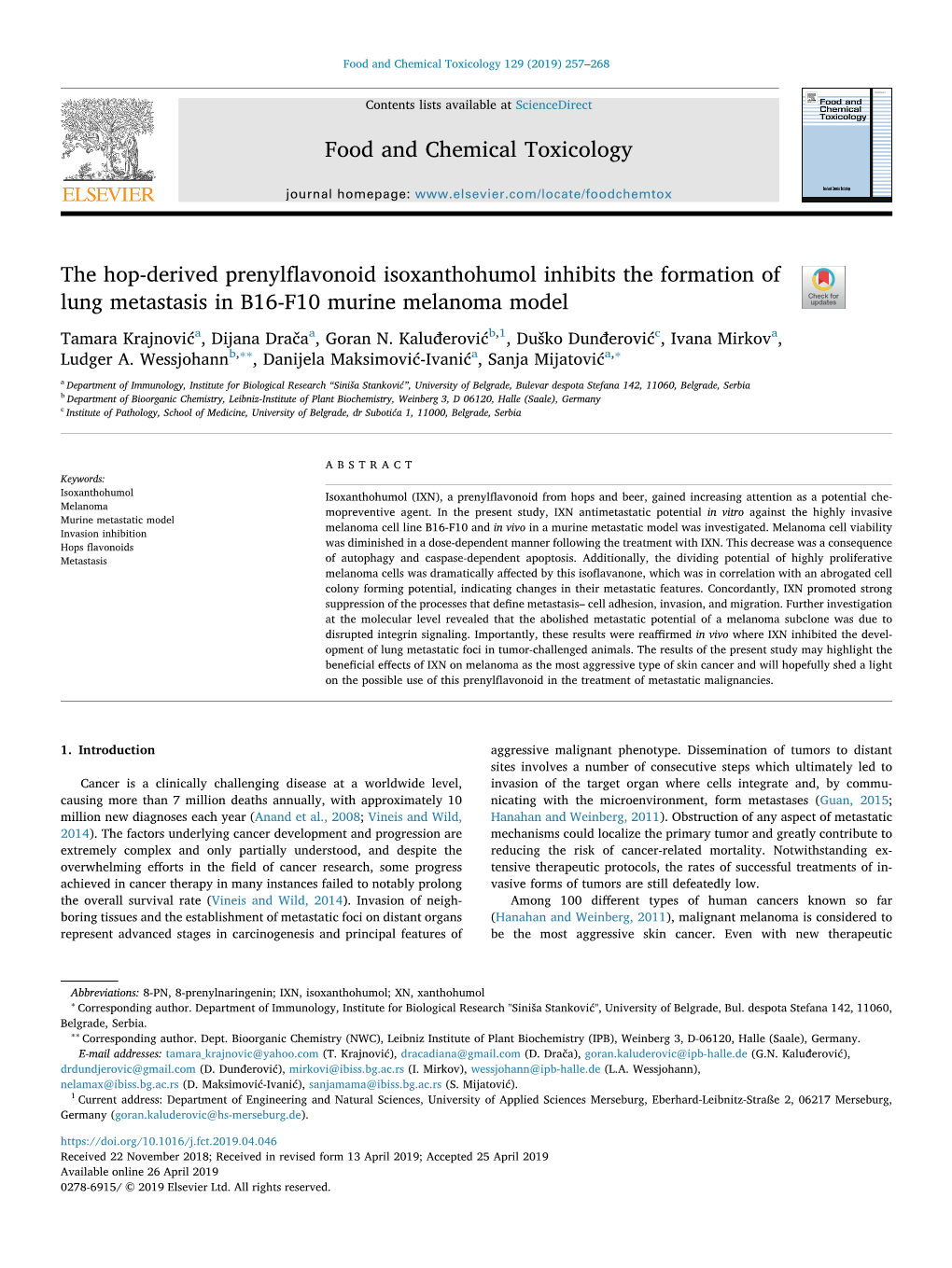 The Hop-Derived Prenylflavonoid Isoxanthohumol Inhibits The