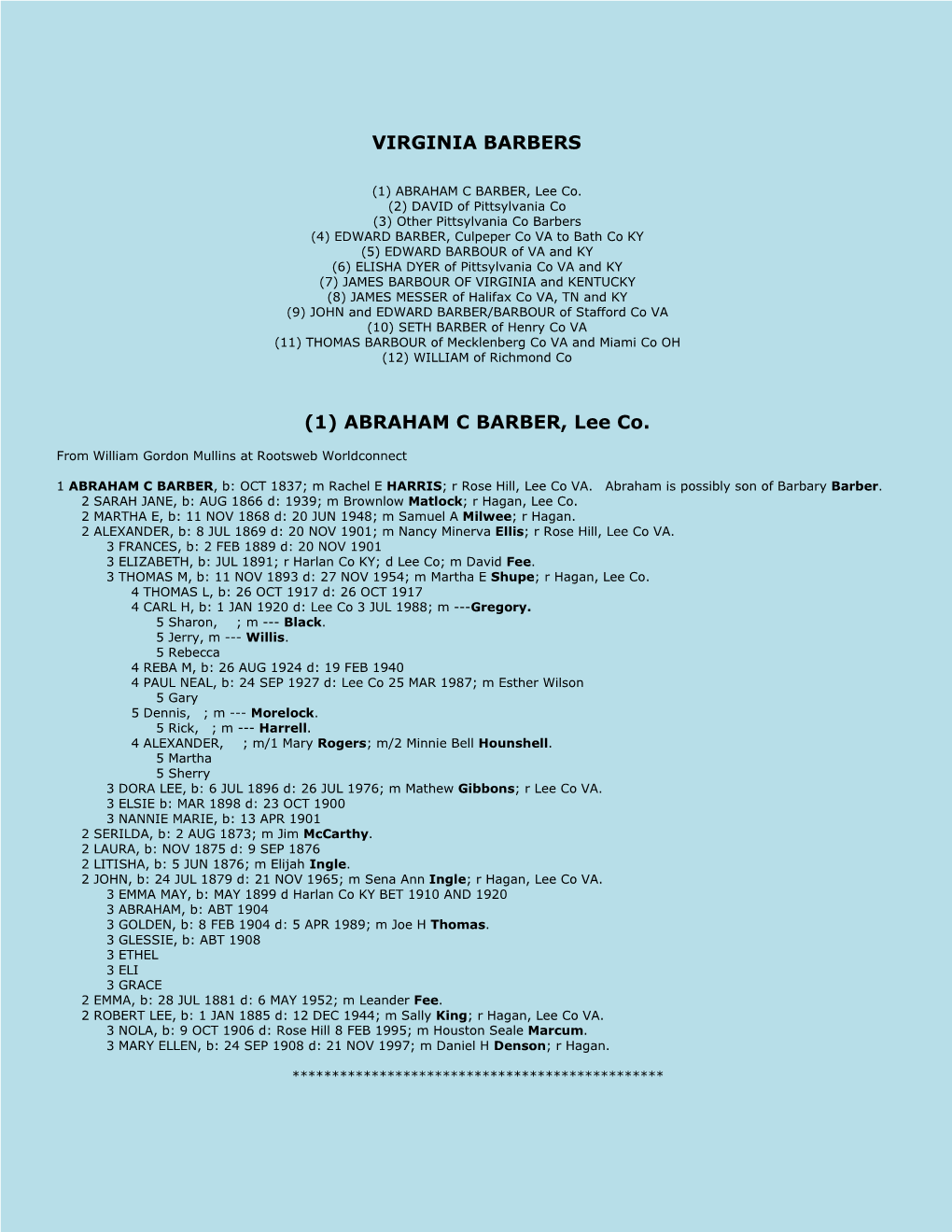 VIRGINIA BARBERS (1) ABRAHAM C BARBER, Lee