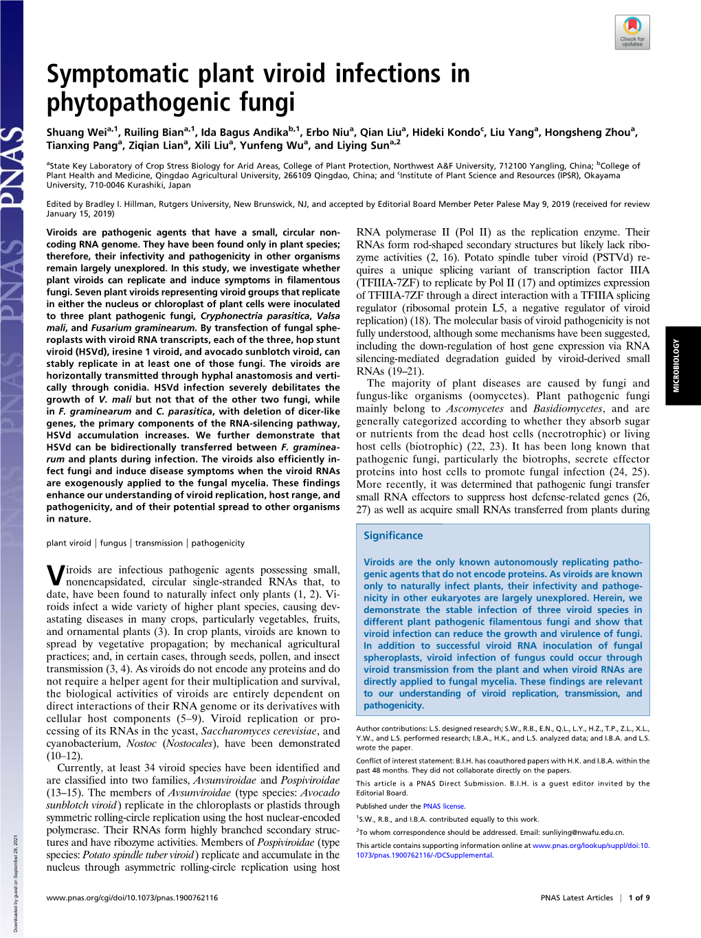 Symptomatic Plant Viroid Infections in Phytopathogenic Fungi