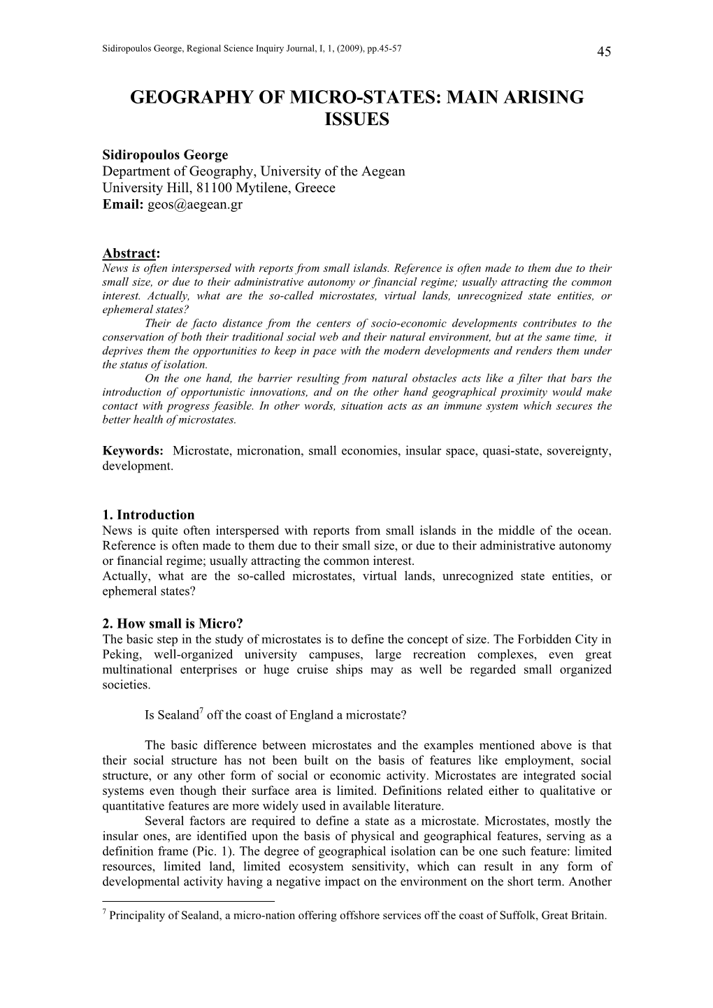 Geography of Micro-States: Main Arising Issues