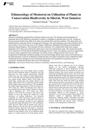 Ethnoecology of Mentawai on Utilization of Plants in Conservation Biodiversity in Siberut, West Sumatra Fatimah Fatimah 1* Nisyawati 2