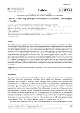 Checklist of Water Bugs (Hemiptera: Heteroptera: Nepomorpha, Gerromorpha) of Slovakia