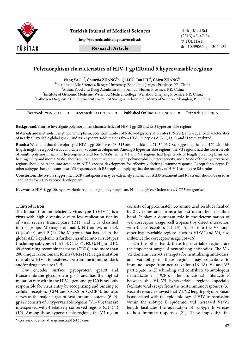 Polymorphism Characteristics of HIV-1 Gp120 and 5 Hypervariable Regions