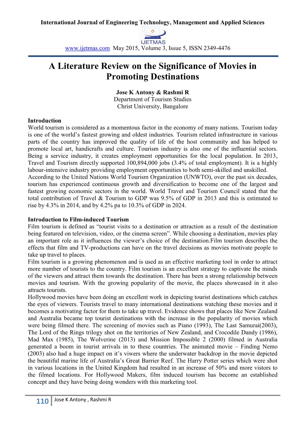 A Literature Review on the Significance of Movies in Promoting Destinations