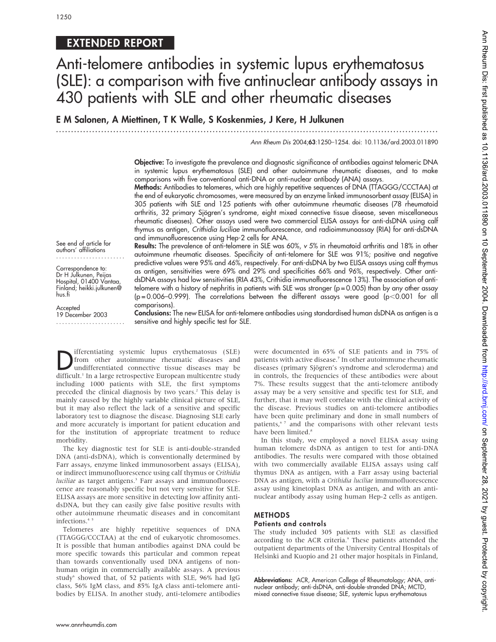 Anti-Telomere Antibodies in Systemic Lupus Erythematosus (SLE)