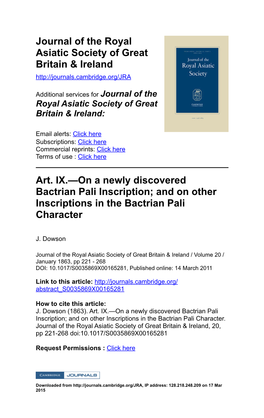 Art. IX.—On a Newly Discovered Bactrian Pali Inscription; and on Other Inscriptions in the Bactrian Pali Character