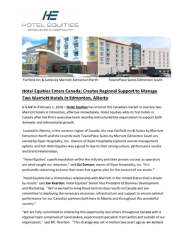 Hotel Equities Enters Canada; Creates Regional Support to Manage Two Marriott Hotels in Edmonton, Alberta