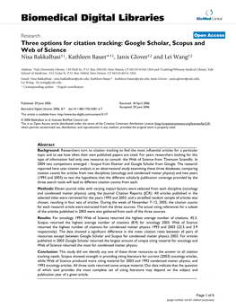 Three Options for Citation Tracking: Google Scholar, Scopus and Web of Science Nisa Bakkalbasi†1, Kathleen Bauer*†1, Janis Glover†2 and Lei Wang†2