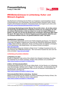 Wirbleibenzuhause in Lichtenberg: Kultur- Und Mitmach-Angebote