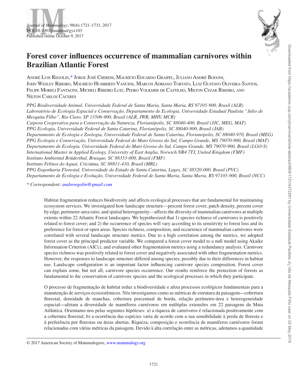 Forest Cover Influences Occurrence of Mammalian Carnivores Within Brazilian Atlantic Forest