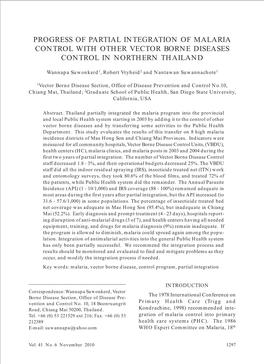 Progress of Partial Integration of Malaria Control with Other Vector Borne Diseases Control in Northern Thailand
