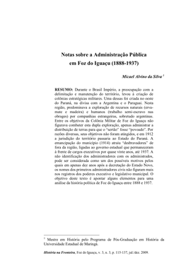 Notas Sobre a Administração Pública Em Foz Do Iguaçu (1888-1937)