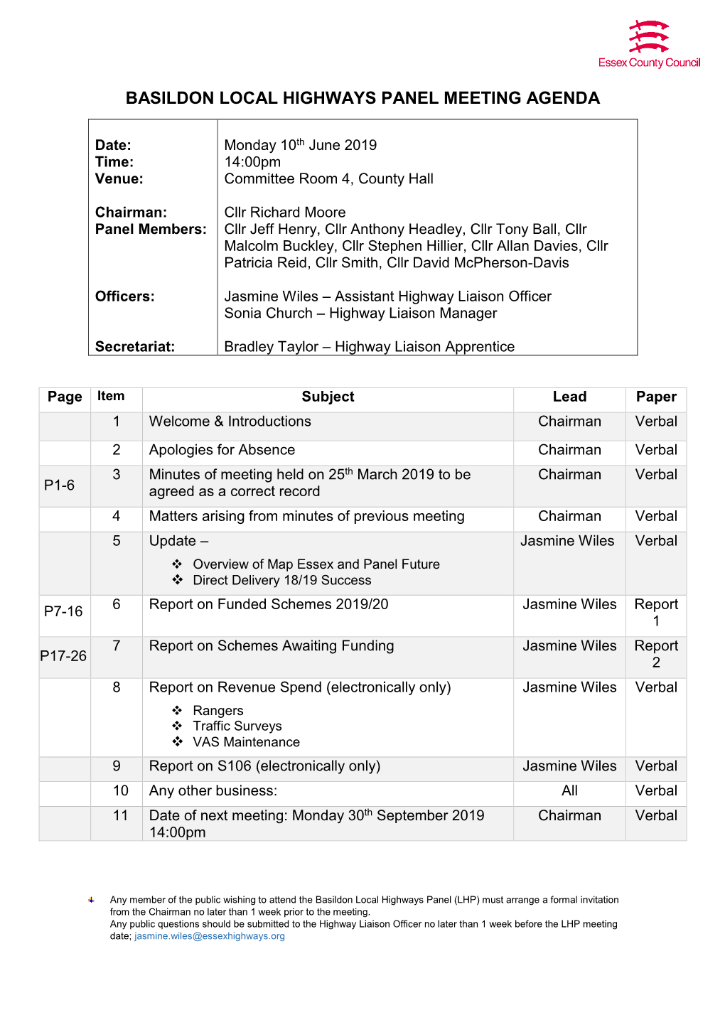 Basildon Local Highways Panel Meeting Agenda