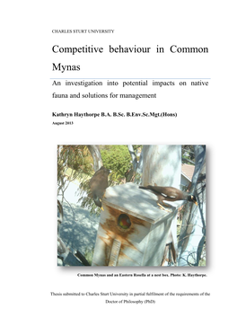 Competitive Behaviour in Common Mynas an Investigation Into Potential Impacts on Native Fauna and Solutions for Management